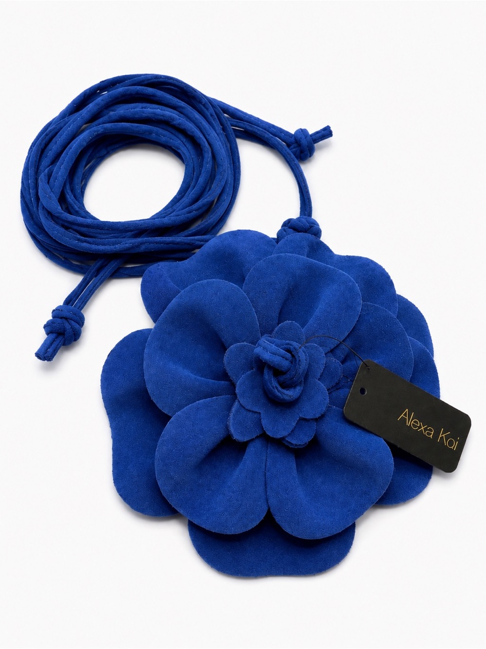 Alexa Koi Faux Suede Blue 3D Flower Wrap Belt – 86” Boho Statement Belt